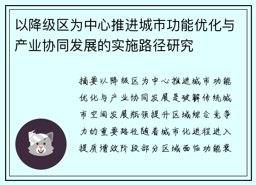 以降级区为中心推进城市功能优化与产业协同发展的实施路径研究