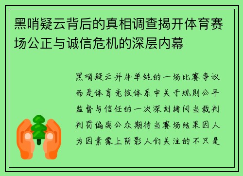 黑哨疑云背后的真相调查揭开体育赛场公正与诚信危机的深层内幕